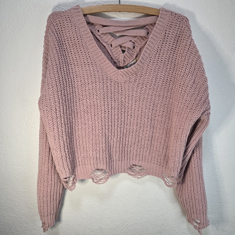 Hazel Moon XL Pink Distressed Knitted Women's Pullover Strap Cross Back Sweater